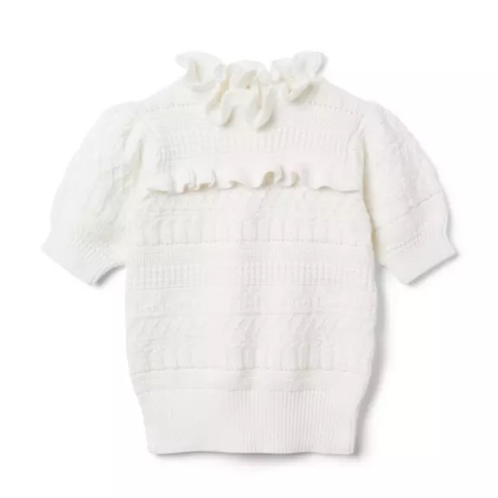 Janie & Jack Ivory Knit Sweater Top with Ruffled Neckline and Puff Sleeves